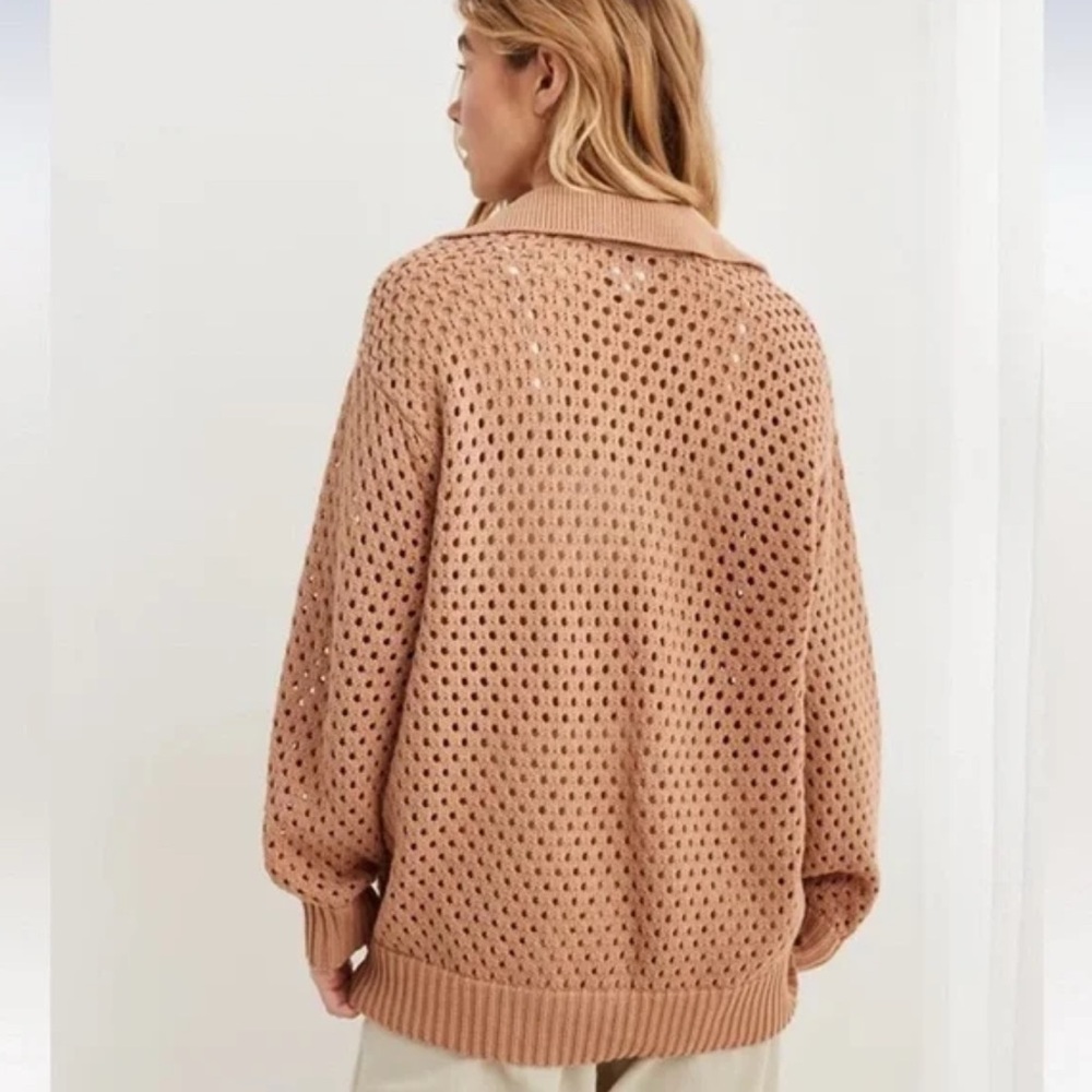 Aerie NWT Oversized Open Knit Polo‎ Sweater in Tan 100% Cotton Size Small - Picture 2 of 9